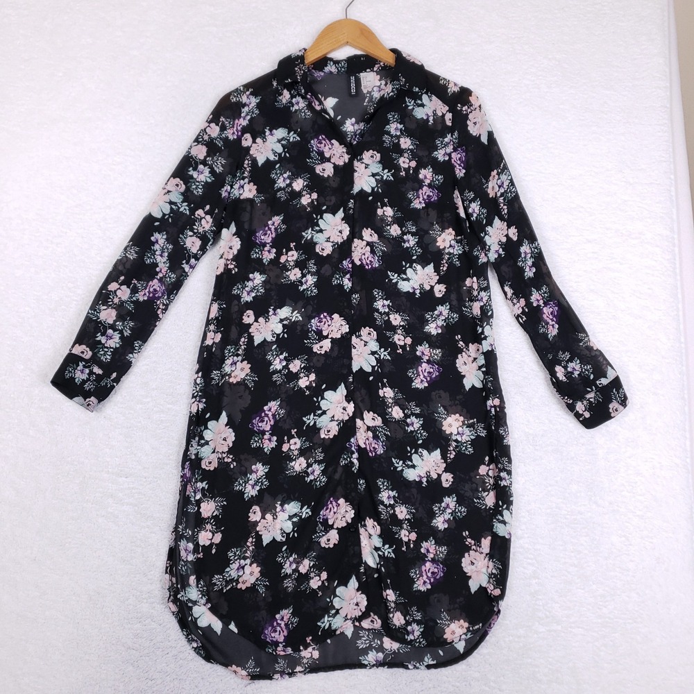 HM Divided Black Floral Sheer Chiffon Button Down Tunic Blouse‎ Shirt 6 Boho
